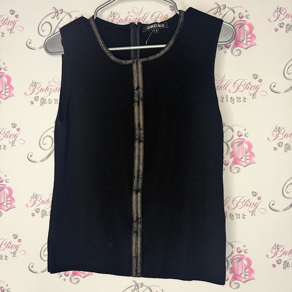 Georges rech Black Sleeveless Top wool soft cozy zipper distressed trim